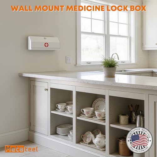 Image of Locking Medicine Cabinet - Wall Mount Steel First Aid Storage Box with Key Lock, Secure Medicine Organizer for Home, Office, Clinic, 12.25 inch W x 5.25 inch D x 5.5 inch H