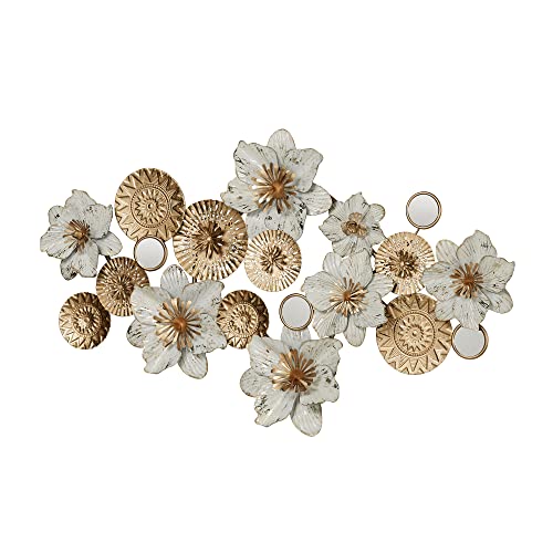 Touch of Class Varenna Floral Blossom Metal Wall Sculpture - Ivory, Gold - Dimensional Designs - Flowers with Medallions - Chic Style Art for Bedroom, Living Room