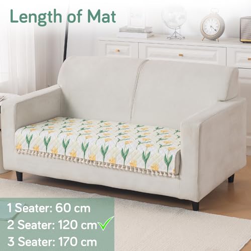 Image of HOKIPO Tulip Blossom 2 Seater Quilted Sofa Cover Mat with Tassels 'Tassel Twigs' Series (IN-983-T4)