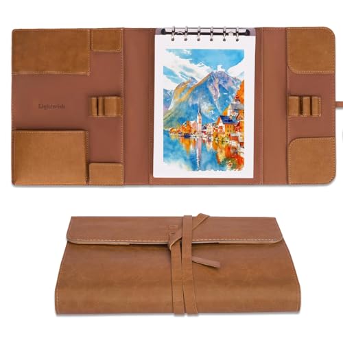 LIGHTWISH 水彩パッド - A5 20枚 綿100% 300GSM コールドプレス紙 | 裏板で取り外し可能 | オールインワンのトラベル水彩日記帳 ブラシホルダー&収納ポケット付き