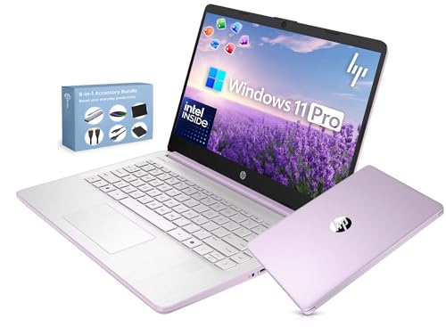 HP 14 Ultra Light Thin Laptop Computer 2026 Premium MS Office Copilot AI 4-Core Intel CPU 4GB DDR5 RAM 628GB Storage (128GB UFS+500GB Ext) Long Battery MarxsolAccessory Win 11 Pro Lavender