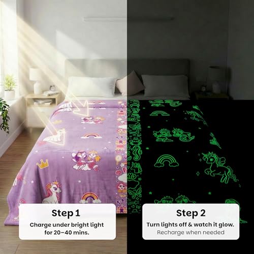 Image of Famyo GlowMaxx Kids Blanket | Soft Flannel Glow in Dark Blanket - Mermaid & Unicorn | AC Blanket for Kids | Summer Blanket 200x152 cm | Double Bed | 0-15 Yrs | Lab-Tested Safe (Purple)