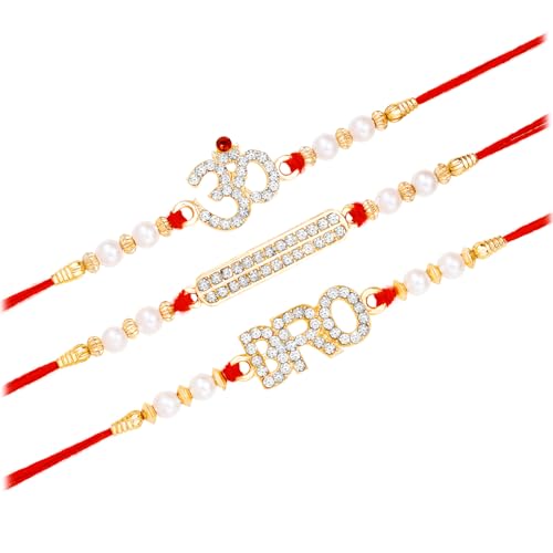 Image of Peora Om Shree Ram Swastik Rakhi for Brother Bhaiya | Crystal & Beads Studded | Red Thread | Raksha Bandhan Hamper with Roli Chawal Greeting Card