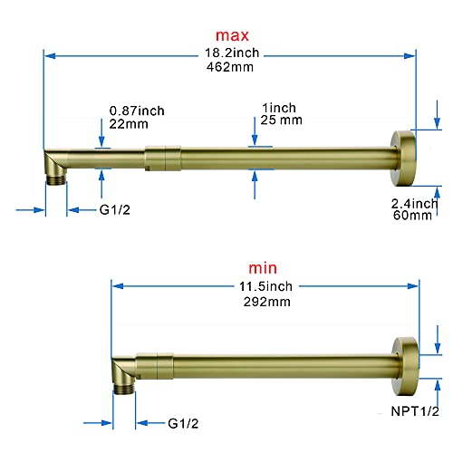 Adjustable L-Shaped 11.5-18.2 Inch Extension Shower Head Arm，Shower Arm，Straight 11-19 Inch Ceiling Mount Shower Arm With Flange (Brushed Gold) #TOP1