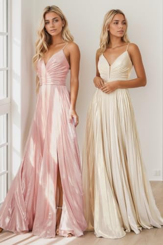 Metallic Prom Dresses for Women Spaghetti Straps Formal Dress with Slit Sparkly Satin Evening Gown3