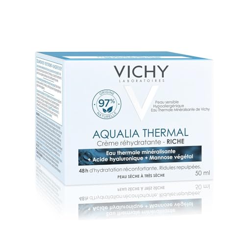 VICHY Reichhaltige Gesichtscreme für trockene bis sehr trockene Haut, Aufpolsternd und beruhigend, 48 Stunden Feuchtigkeit, Mit Hyaluron und pflanzlichem Zucker, Aqualia Thermal, 50 ml