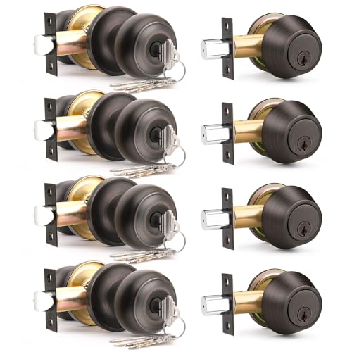 Brotima 4 Pack Keyed Alike Front Door Knob and Deadbolt Set Entry Door Locksets with Single Cylinder Deadbolt Oil Rubbed Bronze Flat Round Door Lock Set for Bedroom/Office/Exterior Doors