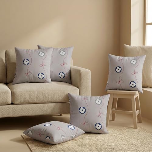 Image of Clasiko 16x16 Cushion Covers - Set of 5 Soft Cotton-Feel Decorative Pillow Covers | Ribbon Blossom, Flap Closure, Perfect for Sofa & Living Room