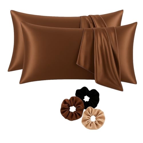 Image of Satin Pillow Covers Set of 2 with 3 Free Random Color Hair Scrunchies - Anti-Frizz, Skin-Friendly, Soft & Durable Pillowcase Set for All Hair Types (Chocolate)