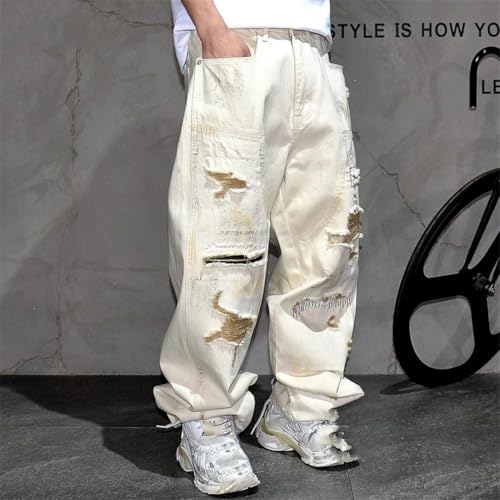 Men’S Trendy Vintage Loose Straight Jeans Button Fly Unwashed Distressed Ripped Patched Stacked Hem Full Length Jeans2