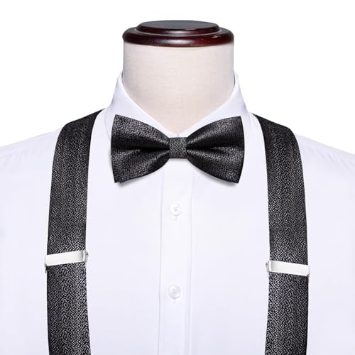 Image of Hi-Tie Men Suspender Bowtie Set Suspenders Pre-tied Bow Tie Pocket Square Cufflinks Adjustable Y Shape 6 Clips Braces Tuxedo