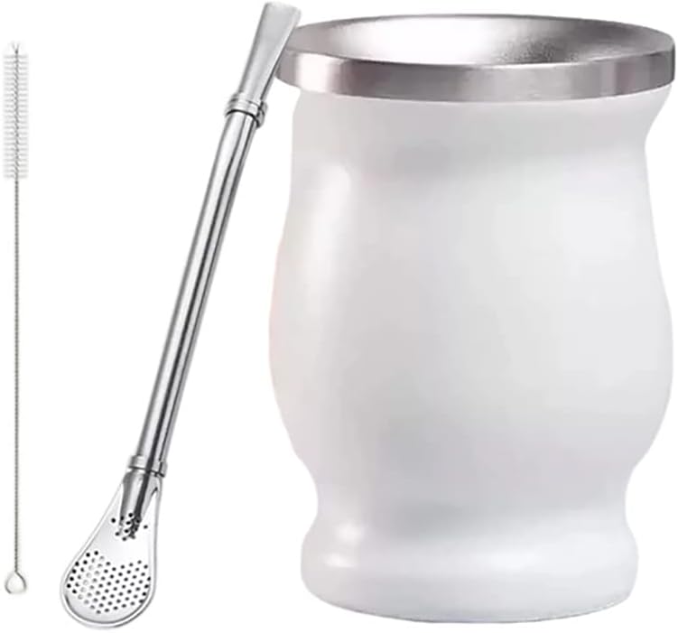 8OZ Yerba Mate 3PCS Natural Gourd Tea Cup Set 304 Stainless Steel Double Walled Original Traditional Mate Cup with Yerba Mate Straw and Cleaning Brush (White)