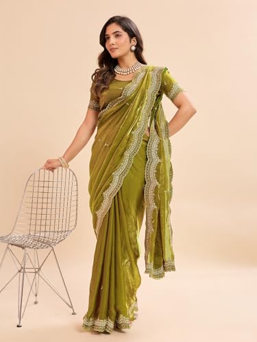 Image of Embellished Embroidered Pure Chiffon Heavy Work Saree