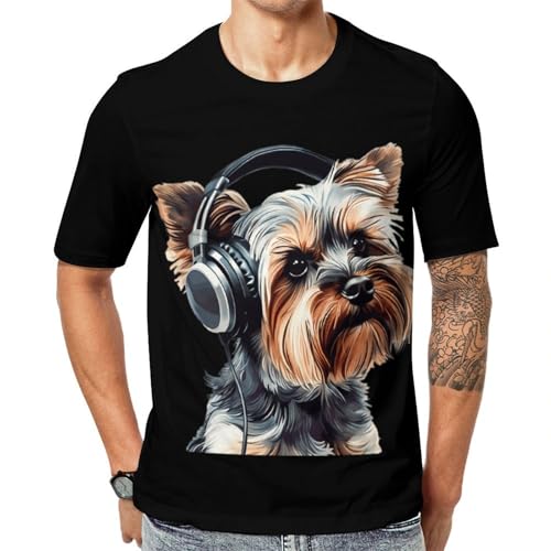 Yorkshire Terrier with Headphone Unisex Adult T-Shirts Summer Short Sleeve Tee Casual Tops Funny Graphic XL
