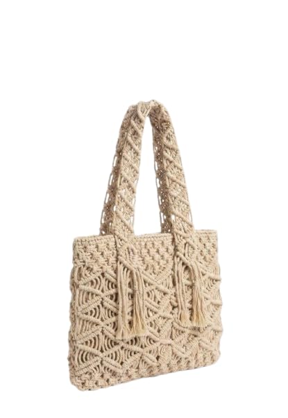 Boho Macrame Shoulder Bag | Crochet Woven Cotton Cord Tote Bag | Large Bohemian Summer Beach Purse with Thick Straps and Tassel Details for Women-picture-18