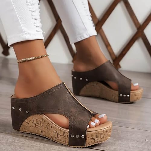 Women's Platform Wedge Sandals, Cork Wedges Heels Slip on Platform Slides Sandals Comfortable Open Toe Casual & Dressy Summer Beach Shoes (a-Coffee, 9)