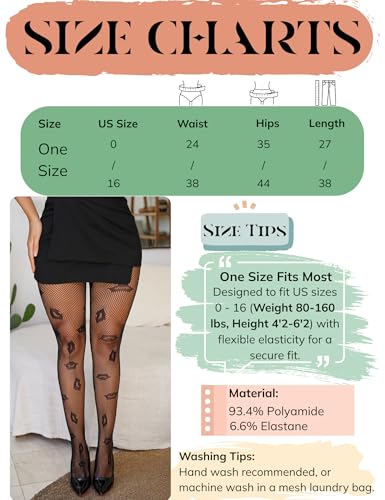 Women's Lips Print Fishnet Tights Mesh Stretchy in Black/Fuchsia, Flirty Legwear for Date Night3