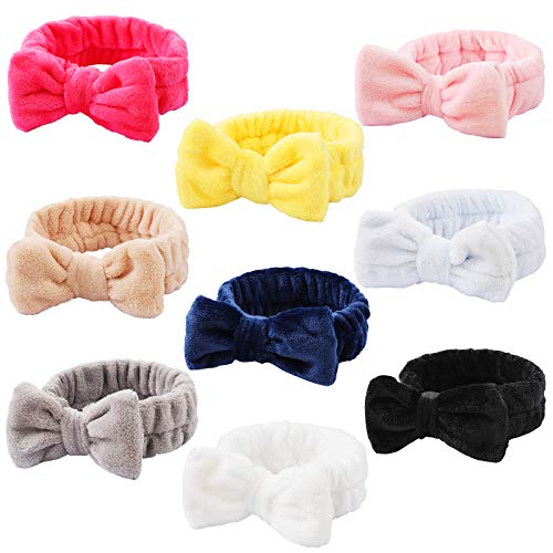 9 Pack Spa Headband Facial Makeup Headband, Coral Fleece Cosmetic Headband Face Wash Headband , Bow Hair band for Washing Face Terry Cloth Headbands for Women Girls (Color C)