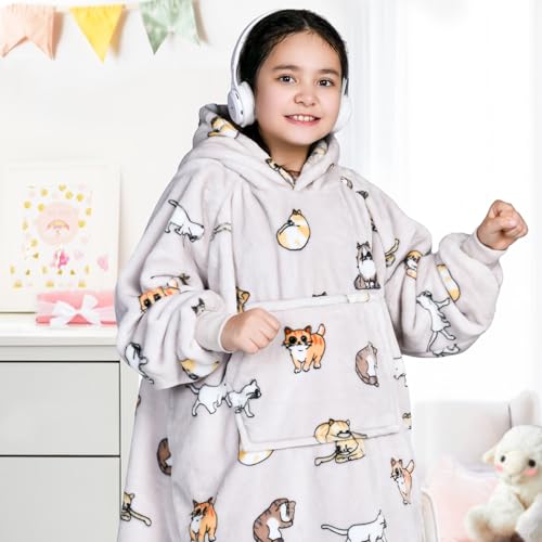Image of Waitu Wearable Blanket for Kids, Wearable Blanket Hoodie Gifts for Teens Girls and Boys, Warm Blanket Sweatshirt for Teenage, Thick Flannel Hoodie Blanket with Sleeves - Cat Gray
