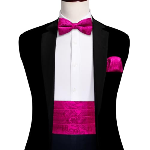 Image of YOHOWA Men Cummerbund Bow Tie Set Silk Paisley Formal Pre-Tied Bowtie Pocket Square Cufflinks Wedding Party Prom