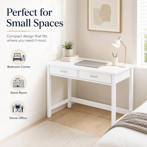 Image of 4NM 39.4 inch Small Desk with Wood Drawers, Home Office Computer Desk with Wooden Legs, Study Writing Table Vanity Desk for Small Spaces - White