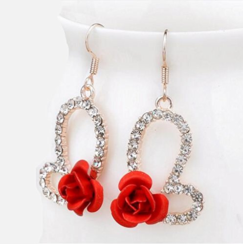 Qian0813 Vintage Red 3D Rose Drop Earrings For Women Statement Dangle Earrings With Crystal Rhinestone Valentine's Day Gift (Rhinestone) #TOP2