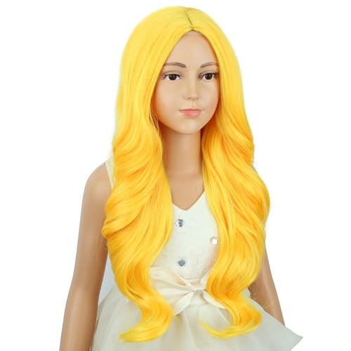 Image of Women Gold Yellow Wig Women Long Yellow Wavy Curly Wig Long Middle Part Wigs for Women Heat Resistant Synthetic Wigs with Cap