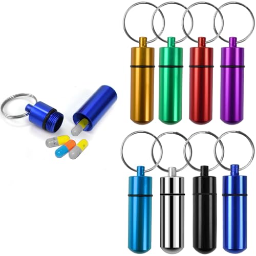 Cleminsta 8 Piezas Llavero de la Píldora de Aluminio, Pastillero Llavero Pequeño, Caja Llavero de...