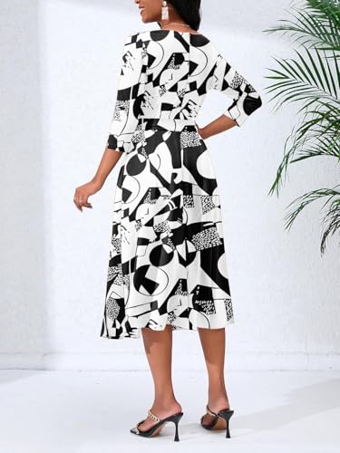 Image of PerZeal Midi Dresses for Women Crewneck 3 /4 Sleeve African Floral Print Dress Cocktail Party Church Flowy Dress with Belt XX-Large