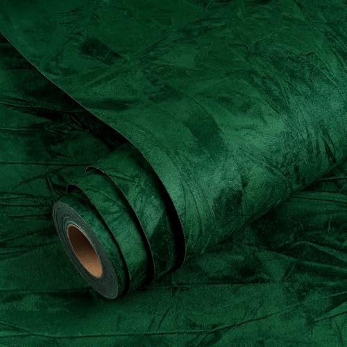 YENHOME Dunkelgrün Selbstklebende Tapete Samtstoff Wohnzimmer Tapeten 40x500cm Tapete Samtstoff Selbstklebend Wandtapete Dunkelgrün Möbelfolie...