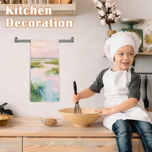 WDSFHYJK Abstract Pastel Coastal Kitchen Towels, Pastel Marsh Sunset Grassland Nature Landscape Decorative Hand Tea & Dish Towels for Bathroom Kitchen, 16x24 Inch - Image 4