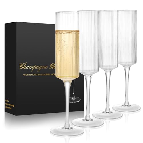 Qulable Champagne Flutes Set of 4 - Elegant Champagne Glasses for Champagne, Prosecco, Wedding Gift, Engagement Gifts for Women, 250ml Vertical Stripe Glasses for Anniversary, Christmas (4, Pinstripe)
