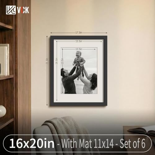 Image of VCK 16x20 Frames Set of 6, Black Wood, 11x14 Mat, Glass, for Picture Poster