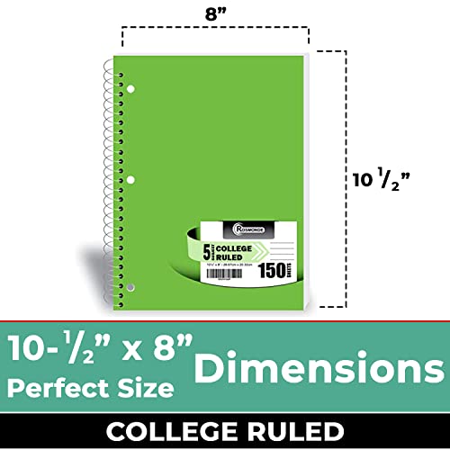 Rosmonde Bulk Spiral Notebook 24 Pack, 5 Subject, 300 Pages/Book (150 Sheets), 8 X 10-1/2, College Ruled, School & Office Spiral Notebooks, Back To School Notebook Journal, Soft Cover, Assorted Colors #TOP2