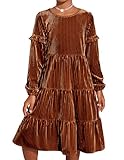 Arshiner Girls Dress Velvet Christmas Party Fall Winter Brown Long Sleeve Knee Length Dresses Tween Clothes Caramel 10 11