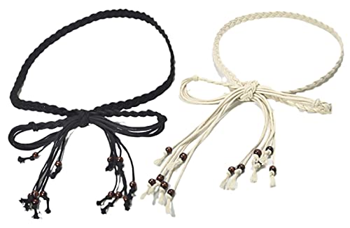 YOU&M Women's Hand-Weave Wax-Rope Tether Vintage with Wooden Beads Classic No Buckle Waist Belt