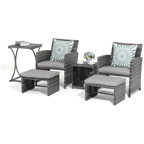 OC Orange-Casual 6 Piece Patio Furniture Conversation Set with Ottoman, Outdoor Grey Wicker Chair and Table Set, Balcony Furniture for Apartments, Light Grey Cover