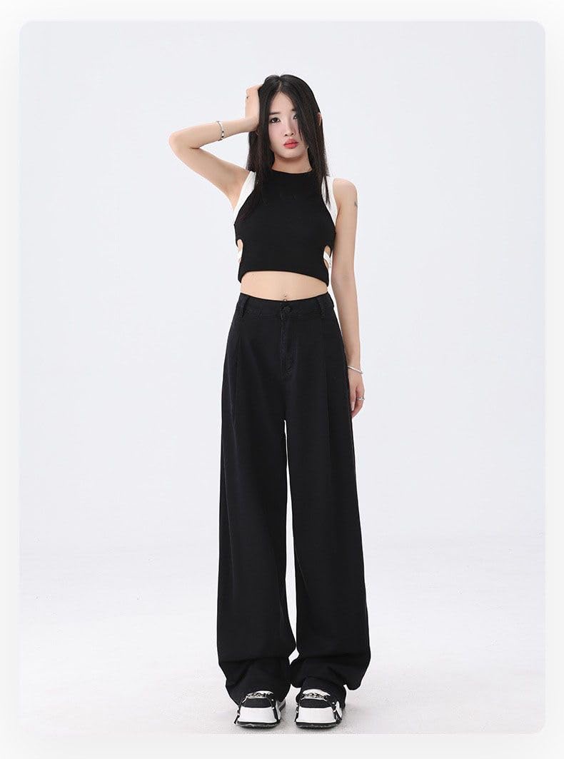 Pantalones Vaqueros para Mujer Pierna Recta Negro Verano Tiro Alto Sueltos