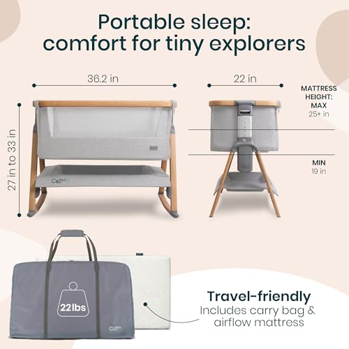 Image of Tutti Bambini CoZee Air Baby Bassinet & Bedside Sleeper - Rocking Bassinet for Baby, Fast-Folding with Travel Bag, Deluxe Airflow Mattress & 6 Mattress Heights, 0-6 Months (Silver & Oak)