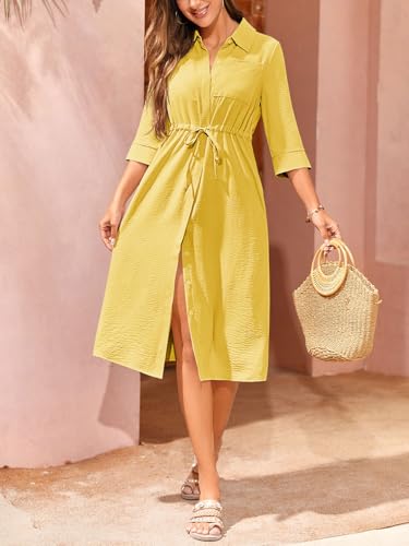 Image of Febriajuce Women's 3 /4 Sleeve Midi Dress Casual Drawstring Belted Round Neck Plain Tie Waist Loose High Waist Long Dress
