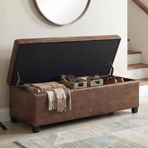 Image of SIMPLIHOME Avalon 48 inch Wide Vegan Leather Storage Ottoman in Saddle Brown