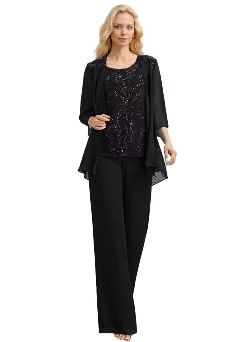 Chiffon Mother of The Bride Pant Suits Long Laces Appliques 3/4 Sleeves 3 Pieces Mother of The Groom Dresses