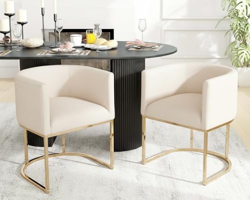 Image of HNY Mid Century Modern Upholstered Barrel Dining Chairs with Arms Set of 2, Linen Kitchen & Dining Room Chairs, 18.5 inch Wide Accent Chairs for Dining Room Living Room with Gold Metal Frame, Cream