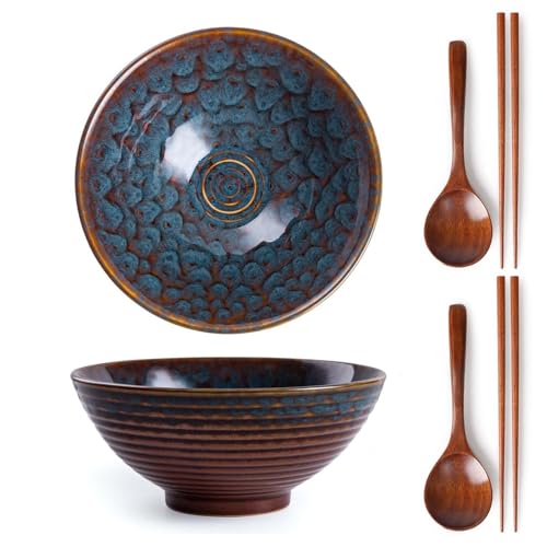 Zhonleemy Ceramic Ramen Bowl Set of 2 Large Salad Soup Ramen Serving Bowls with Spoons Chopsticks 8 Inch