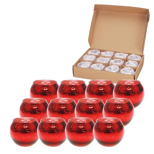 Hiseng Portavelas Cristal para Velas de Té, 12 Piezas Portavelas Votivos Redondos, Decorativas Navideña Románticos para Decoración Hogar, Bodas, Fiestas, Centro de Mesa (Rojo)