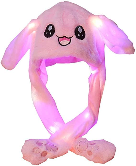 Easter Bunny Hat with Moving Ears Funny Plush Light Up Rabbit Ears Jumping Hat with Led Light,Pink Cute Bunny Hat Cartoon Cosplay Dressup for Kids Women Girls on Children Party Birthdays Christmas