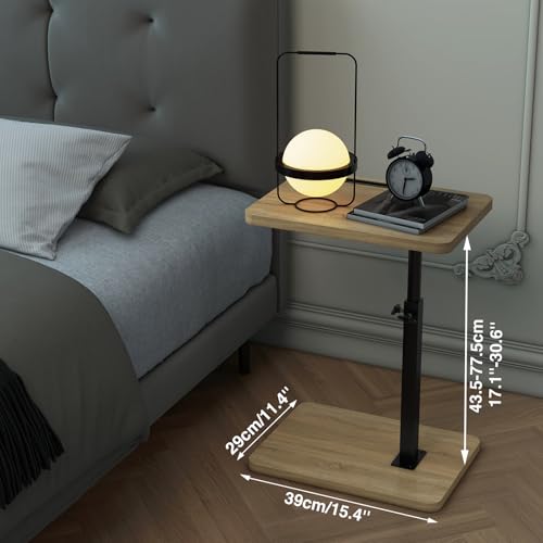 IBUYKE C Shaped Side Table, 360° Swivel Height Adjustable End Table for Small Spaces, with Phone & Tablet Slot, Modern Small Coffee Snack Table for Sofa/Bed, Natural TVT003R