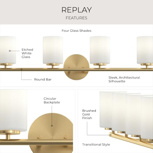 Image of Progress Lighting Replay 31.125 Inch 4-Light Vanity Light, Transitional, Brushed Gold with Etched Glass Shades, (7.875 inch H x 31.125 inch W x 6 inch D), P2160-191