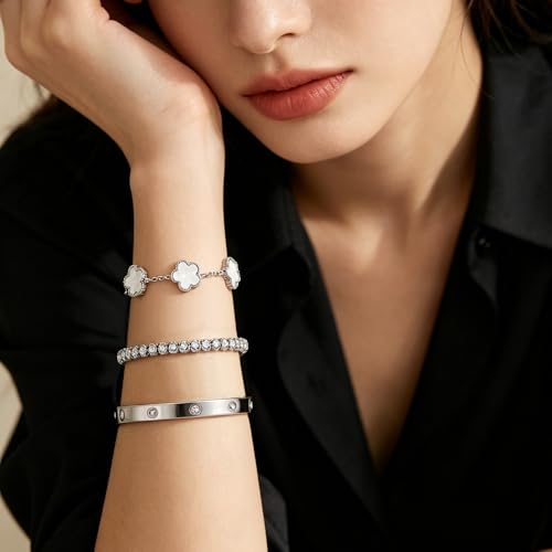 JINDETAI Stackable Silver Bracelets for Women - 3/4/5 Sets, Non-Tarnish Stainless Steel & Sterling Silver Trendy Stackable Bangle Jewelry Set, Gifts for Valentine's Day, Birthday, Prom and Christmas — view 2