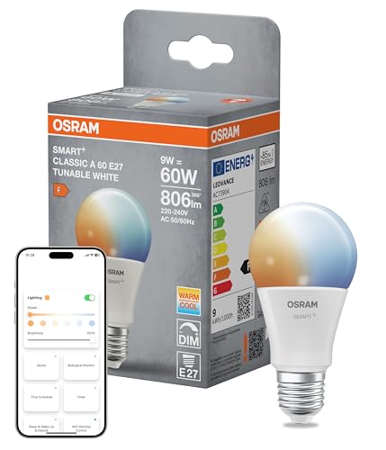 OSRAM Lampada LED SMART+, A60, 9W, 2700–6500K, E27, a forma di lampadina, Tunable White, dimmerabile, controllabile con app o voce, compatibile con Matter